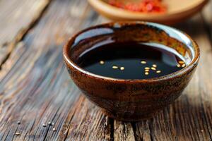 Rustic bowl overflowing with savory soy sauce on wooden table photo