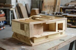 Architectural model house made of wood with exposed framing sitting on table in workshop photo