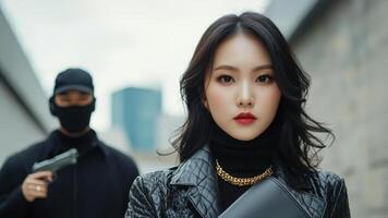 young woman in stylish black outfit stands confidently, while masked figure lurks behind her, creating tense atmosphere photo