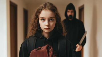 young girl with backpack stands in hallway, looking concerned, while hooded figure with knife approaches from behind, creating tense atmosphere photo