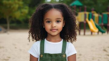 young girl with curly hair stands confidently in playground, surrounded by vibrant play structures. Her expression is calm and joyful, embodying childhood innocence photo