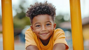 Happy African American little boy smiling in yellow shirt at playground, enjoying playtime with joy and excitement photo