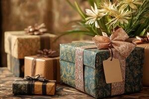 A refined display of beautifully wrapped gift boxes with intricate patterns photo