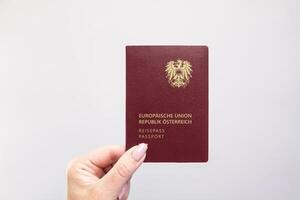 Austria Passport Held Against Simple White Background. Astana, Kazakhstan, 26 october 2024 photo
