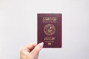 Passport Qatar Held Against Simple White Background. Astana, Kazakhstan, 26 october 2024 photo