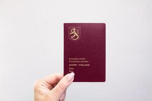 Finland Passport Held Against Simple White Background. Astana, Kazakhstan, 26 october 2024 photo