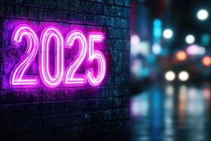 christmas street background with text 2025 in neon lights. photo