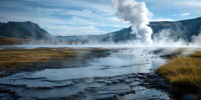 Aerial view to geothermal power plant in mountain. Clean green renewable energy. photo