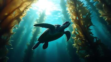 A turtle swimming in the ocean surrounded by kelp photo