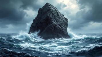 A rock in the ocean with waves and dark clouds photo