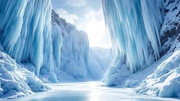 Ice caves in the mountains with water flowing through them photo