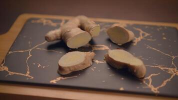 Fresh Ginger Root beautifully displayed on a Marble Cutting Board, ready for use in various dishes video