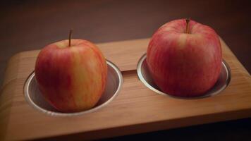 Two Fresh Red Apples Beautifully Arranged on a Wooden Serving Tray for Presentation video