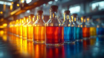 A row of colorful liquid bottles on a table photo