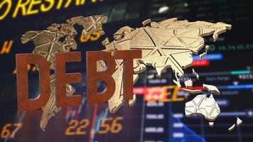 The rusty debt text on world map for Business concept 3d rendering. photo