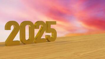 The 2025 number on wood table for new year or celebration concept 3d rendering. photo