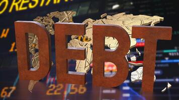 The rusty debt text on world map for Business concept 3d rendering. photo