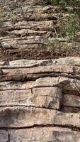 A close-up of horizontal layers of rock showing the natural patterns and textures of the rock. photo