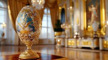An Easter egg with gold and silver patterns, a background decorated with stucco and paintings with angels, luxurious curtains and huge crystal chandeliers, a celebration with elegant photo
