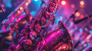 Close-up of shiny saxophone under lilac concert or club lights with other instruments in the background. Concept of elegance and sophistication, and love for music and art photo
