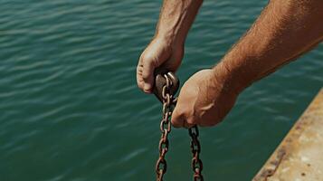 Sailor's hands remove lock from rusty chains by the sea. The metal is rusty and worn, contrasting with the fresh, clear water below. photo