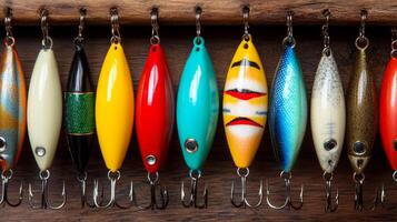 A collection of fishing tackle, neatly laid out on a wooden surface - baits, hooks. The instruments are brightly colored photo