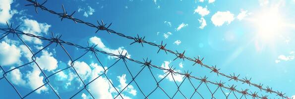 Barbed wire fence with blue sky and clouds in the background.concept of restriction of rights and freedoms photo