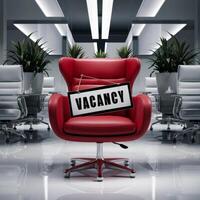 Red armchair with a job posting in a light white office with flowers .Suitable for recruitment campaigns photo