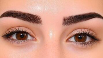 A close-up of perfectly shaped eyebrows, freshly tinted with a rich dark brown shade. The eyebrows are clean and crisp, and the subtle light reflects off the smooth hairs, giving them a photo