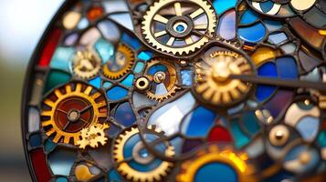 A vibrant stained glass piece featuring golden gears and intricate designs, blending art with mechanics, symbolizing time and craftsmanship. photo