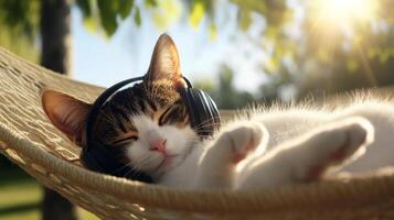 Relaxed cat relaxing in a hammock with headphones on and enjoying a sunny day in a cozy environment. photo