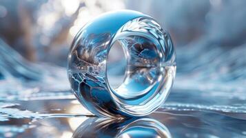 A transparent abstract ring made of chrome metal lies on a reflective surface with a blurred icy background. photo