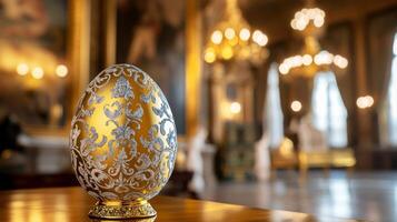 golden egg with silver patterns, on the background of the hall, decorated with stucco and paintings with angels, luxurious curtains and huge crystal chandeliers.Baroque Easter photo