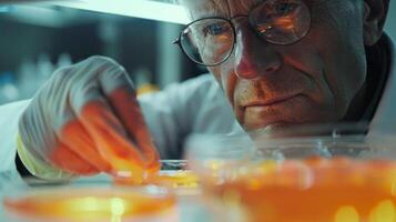 Close-up of an adult laboratory assistant doing honey quality analyses against the background of biotechnology research. photo