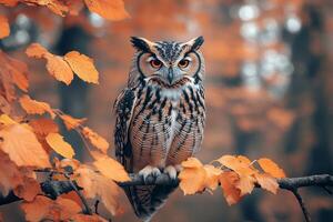 Majestic Owl Perched Among Autumn Leaves photo
