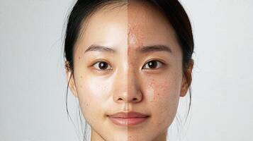 Close-up of Asian woman's face showing before and after acne treatment, highlighting skin texture changes. photo