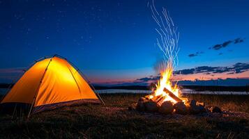 Digital detox and connecting with nature, camping by a warm campfire under a starry night sky. photo