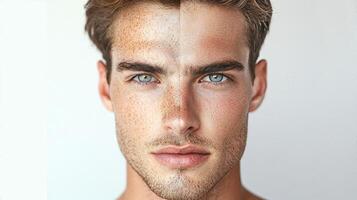 Close-up of man face showing before and after freckles, highlighting skin texture and tone changes. photo