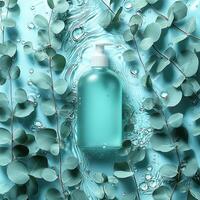 Mockup of refreshing body wash bottle surrounded by eucalyptus leaves and water photo