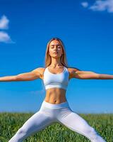 Digital detox and connecting with nature, woman practicing yoga in nature under clear sky. photo