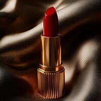 mockup of Luxurious red lipstick on golden packaging, resting on satin fabric photo