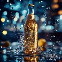 Refreshing beer bottle splashing in water with vibrant bokeh background photo