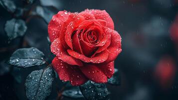 vibrant red rose with raindrops on petals, showcasing natural beauty photo