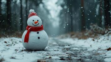 cheerful snowman with red scarf stands in snowy forest photo