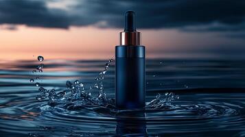 Hydration-focused mockup of a skincare serum bottle with water splash, set against a dramatic background. photo