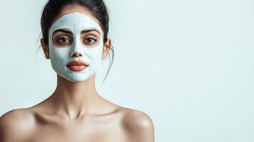 Indian woman pampering herself with a clay mask, reflecting her skincare practices for a naturally glowing and healthy appearance. photo