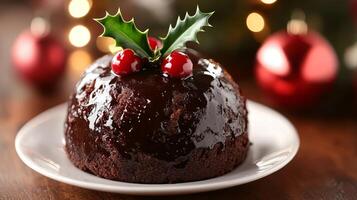 Delicious Christmas pudding with holly and cherries on festive table photo