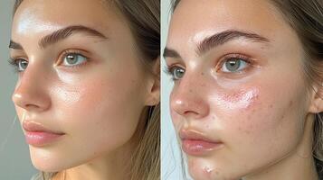 Close-up of a young woman's face showing before and after acne treatment effects on skin texture. photo