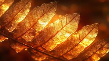 Golden fern leaves illuminated by sunlight, showcasing intricate patterns photo