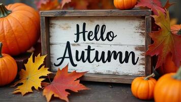 Hello Autumn sign with pumpkins and leaves photo